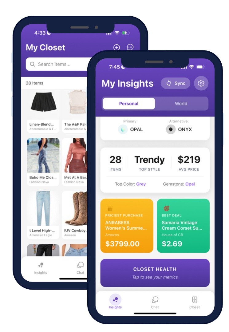 Closet Crystal app screens